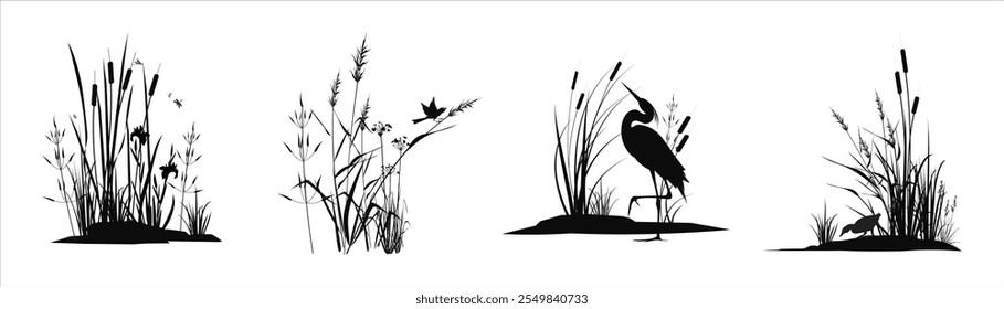 Los matorrales de plantas pantanosas - hierba, caña, caña, cola de gato, junco de paraguas, iris de pantano con un Pequeño pájaro, garza, pato, libélulas. Conjunto de dibujos de paisaje de silueta monocromática aislados sobre fondo blanco