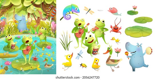 Swamp or pond animals musical party or festival. Frogs playing musical instruments. Amusing wildlife on lake for children. Vector illustration in watercolor style.