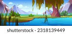 Swamp with reed in mountain vector cartoon landscape. Lake water near grass shore with bulrush in Japan illustration. Calm stream near willow game environment terrain for sunny day panoramic view