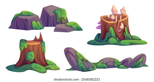 Swamp stones and stumps covered with moss set isolated on white. Vector cartoon illustration of jungle landscape elements, old rocks, mushrooms growing on tree trunk, tropical forest lake vegetation