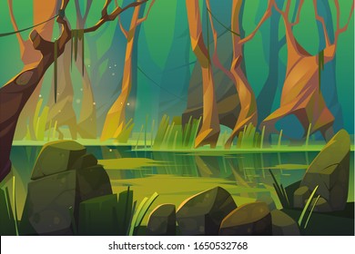 Swamp in tropical forest, fairy landscape with marsh, trees trunks, bog grass and rocks. Vector cartoon illustration of wild jungle, rain forest with river or swamp