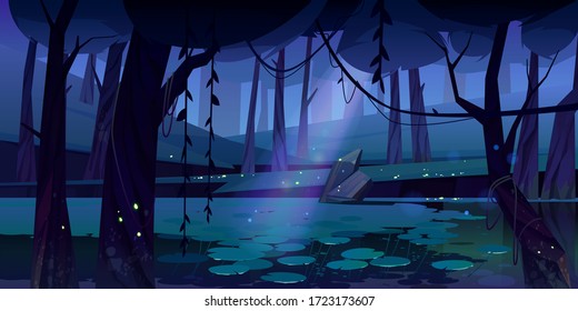 Swamp in tropical forest with fireflies at night. Fairy landscape with marsh, water lilies, trees trunks and rocks. Vector cartoon illustration of wetland, wild jungle with river or pond