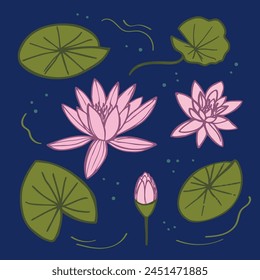 Swamp with water lilies. Hand drawn green Lily pads pink Lotus flowers on dark background. Flora with aquatic plants, botanical texture, overgrown pond, wetlands. Vector illustration for card, flyer