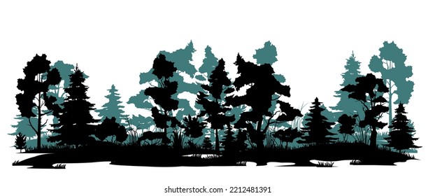 Swampy edge of forest. Coniferous forest with firs and pines. Landscape with trees and grass. Silhouette picture. Isolated on white background. Vector.