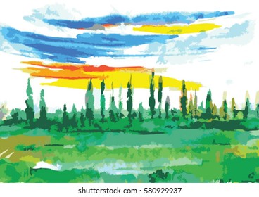Swampy meadow lined with trees in the distance vector art