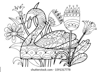 swan among the flowers hand drawn for coloring, vector, on a white background