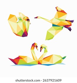 Swan animal colorful polygonal low poly vector set. Collection of swan animal in colorful abstract logo. love sign and flying swan illustration vector set