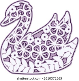 Swan animal  Layered paper cut Flowers. Paper cut out design. Shadow box style. 3D design. Retro card