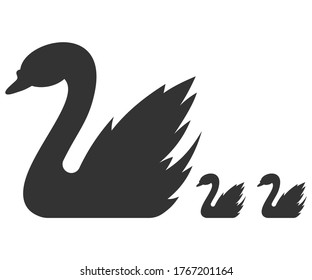 Swan with baby vector black silhouette icon isolated on a white background.