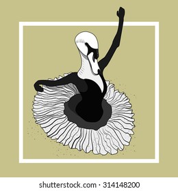 swan ballerina dancing in a skirt. Vector monochrome sketch.