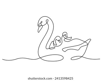 Swan bird with chicks on water surface. Family love. Mothers day concept. Continuous one line drawing. Vector illustration.