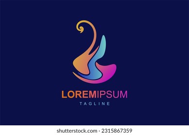 Swan or bird logo with gradient color concept, orange, blue and pink isolated on dark blue.