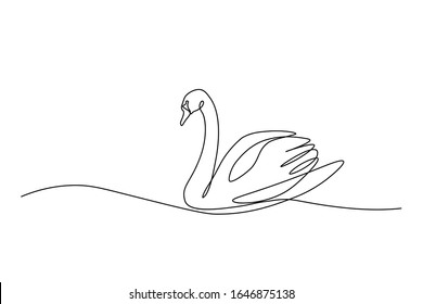 Swan bird on water surface in continuous line art drawing style. Black linear sketch isolated on white background. Vector illustration