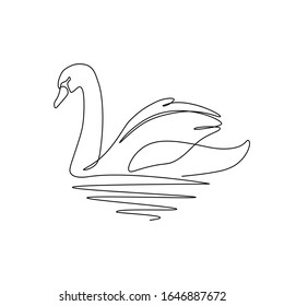 Swan bird on water surface in continuous line art drawing style. Black linear sketch isolated on white background. Vector illustration
