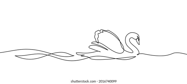 Swan bird on water surface in continuous line art drawing style. Mute swan black linear sketch isolated on white background. Vector illustration