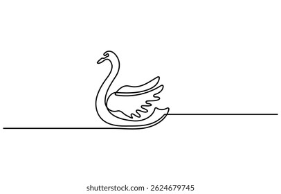 Oiseau cygne sur la surface de l'eau dans le style de dessin au trait continu. Croquis linéaire noir isolé sur fond blanc. Illustration vectorielle
