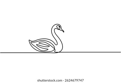Swan bird on water surface in continuous line art drawing style. Black linear sketch isolated on white background. Vector illustration