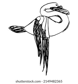 Swan bird from Pazyryk. Stylized bird. Scythian animal design. Hand drawn linear doodle rough sketch. Black silhouette on white background.