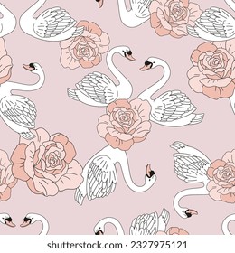 Swan bird rose floral vector seamless pattern. Romantic Valentines Day wedding background.