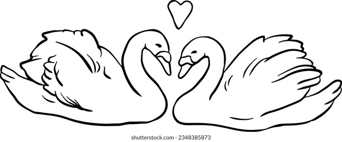 Swan Birds line art. Romantic line art.