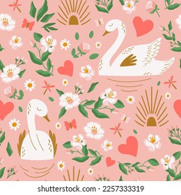 Patrón de aves de cisne con flores de cerezo, corazón, sol, amor. Papel pintado rosado del día de San Valentín, diseño de patrones superficiales, fondo repetido, textil romántico, cisnes dulces en estanque. Ilustración vectorial.