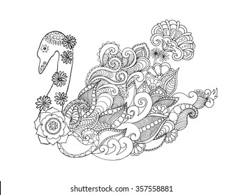 Swan. Black white hand drawn doodle animal. Ethnic patterned vector illustration. African, indian, totem, tribal, zentangle design. Sketch for colouring page, tattoo, poster, print, t-shirt