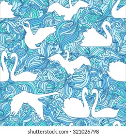 Swan blue vector silhouette seamless pattern. Graphic birds for textile and cloth.