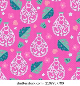 Swan in Bottle Tropical Vector Seamless Valentine Pattern 