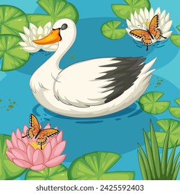 Swan with butterflies over water lilies illustration