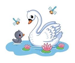 Swan With A Chick Swims In A Pond. Vector Illustration With Birds In Cartoon Style.
