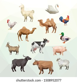 SWAN CHICKEN DUCK OX BUFFALO COW SHEEP PIG GOAT CAMEL LLAMA FARM ANIMAL LOW POLY LOGO ICON SYMBOL SET. TRIANGLE GEOMETRIC POLYGON