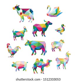 SWAN CHICKEN DUCK OX BUFFALO COW SHEEP PIG GOAT CAMEL LLAMA FARM ANIMAL POP ART LOW POLY LOGO ICON SYMBOL TRIANGLE GEOMETRIC POLYGON SET