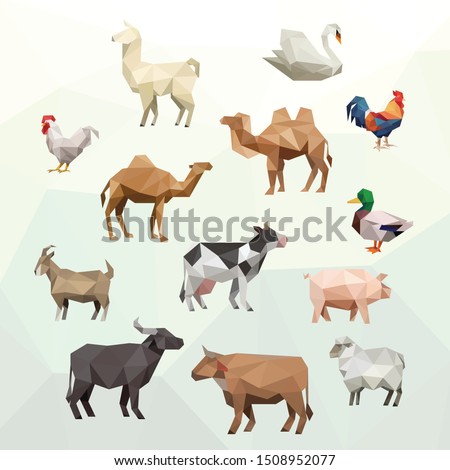 SWAN CHICKEN DUCK OX BUFFALO COW SHEEP PIG GOAT CAMEL LLAMA FARM ANIMAL LOW POLY LOGO ICON SYMBOL SET. TRIANGLE GEOMETRIC POLYGON