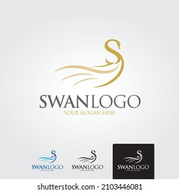Swan in Circle abstract Logo design vector template Linear style. Golden bird Luxury Jewelry Fashion Cosmetics Logotype concept icon.