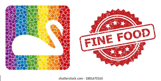 Swan collage icon of spheric dots in variable sizes and LGBT bright color tinges, and Fine Food textured rosette stamp seal. A dotted LGBT-colored Swan for lesbians, gays, transgenders, and bisexuals.