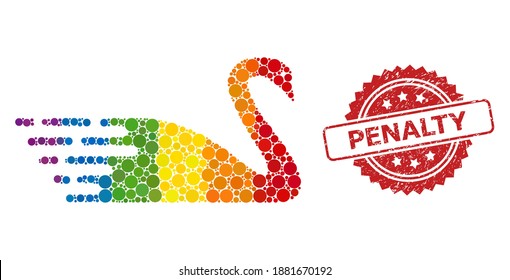 Swan collage icon of spheric dots in various sizes and LGBT color hues, and Penalty rubber rosette seal imitation. A dotted LGBT-colored Swan for lesbians, gays, transgenders, and bisexuals.