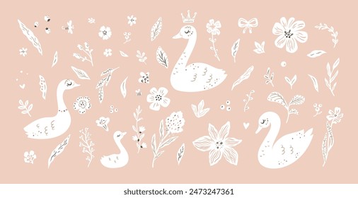 Swan collection with floral design elements in pastel colors.  Swans silhouette with various flowers and nature elements in folk style. Lake birds set