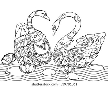 Swan coloring book for adults vector illustration. Anti-stress coloring for adult. Tattoo stencil. Zentangle style. Black and white lines. Lace pattern