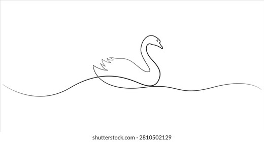 Swan continuous line drawing vector illustration isolated on white background. Elegant minimal line art of a swan swimming on water for commercial stock design.