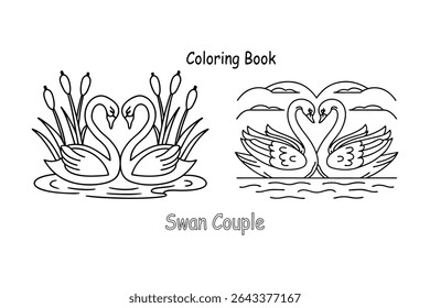 Swan Couple Coloring Page, Line Drawing Vector Art for Kids