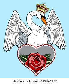 A swan with a crown on his head, and Beautiful roses in a lace edging, Valentine. Old school tattoo style