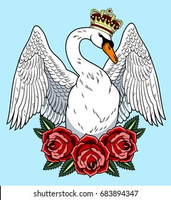 A swan with a crown on his head and roses.  Old school tattoo style