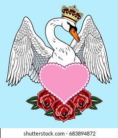 A swan with a crown on his head, roses and a heart.  Old school tattoo style