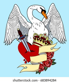 A swan with a crown, roses and a banner.  Old school tattoo style
