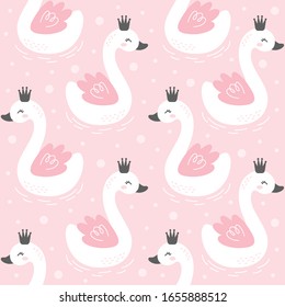 Swan with crown seamless background repeating pattern, wallpaper background, cute seamless pattern background