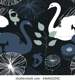 Swan drawn pattern, abstract vector texture. Fantasy background