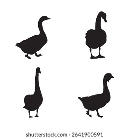 Swan and Duck Silhouette Set Black Vector Illustrations Isolated on White Background