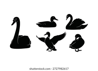 Silhueta do Cisne e do Pato Conjunto de Vetor Ícones de Aves Aquáticas para Natureza e Design de Vida Selvagem