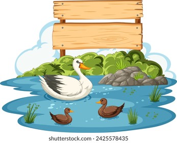 Swan and ducks in a tranquil pond setting