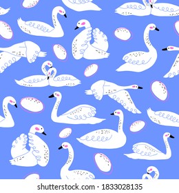 Swan and egg doodles seamless pattern. Used for baby, background, textile prints, fabric, covers, wallpaper, posters... Flat vector illustration in hand drawn style 